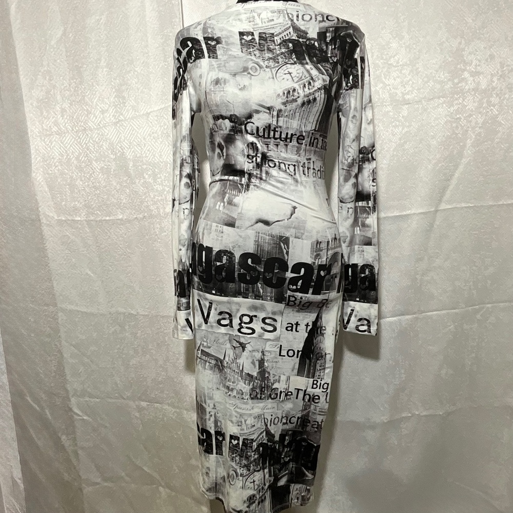 Haley & June Newspaper Print Bodycon Midi Dress Small Y2K Streetwear Clubwear